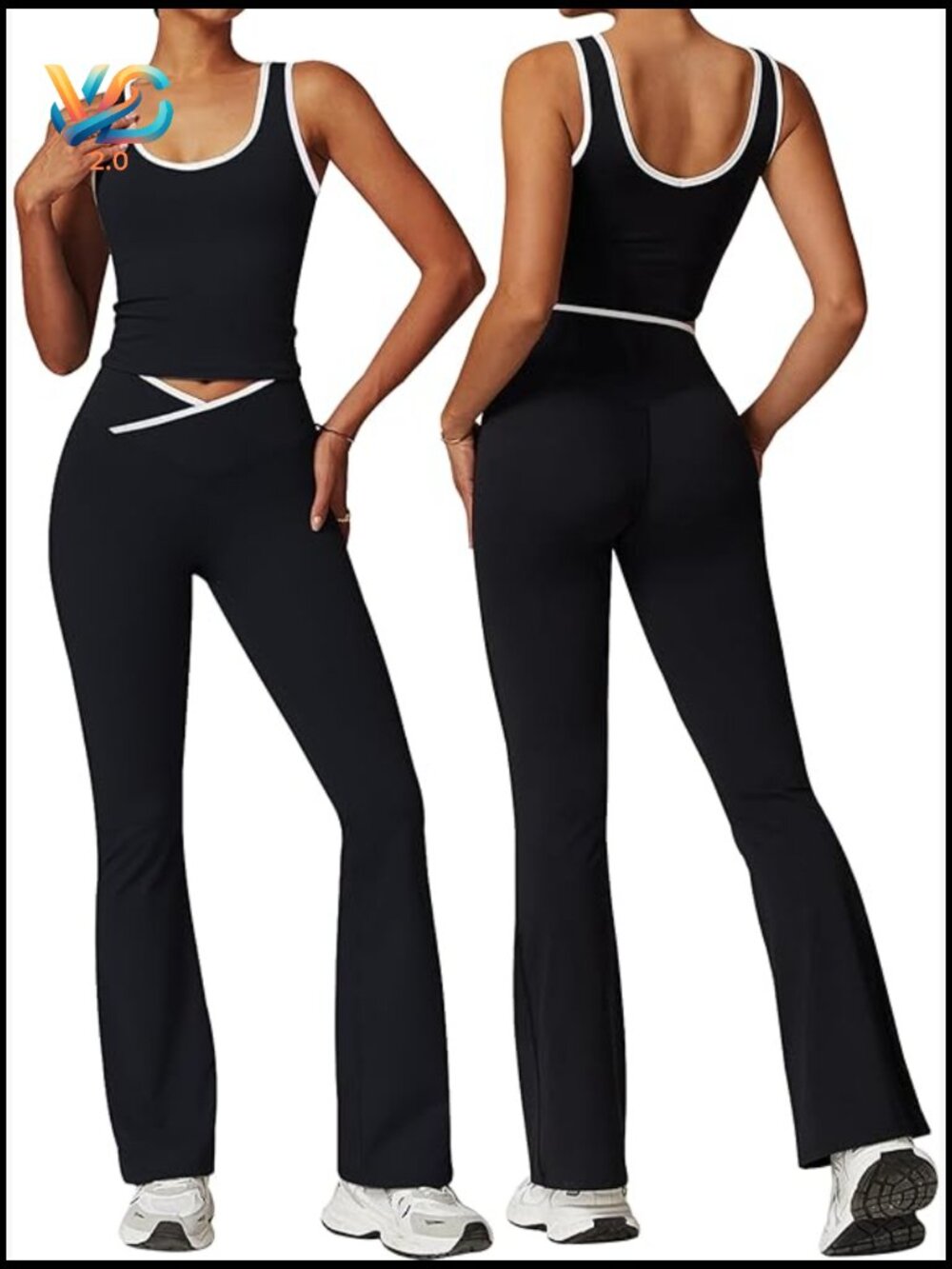 Womens 2 Piece Workout Set Crossover Flare Leggings Crop Tank Top